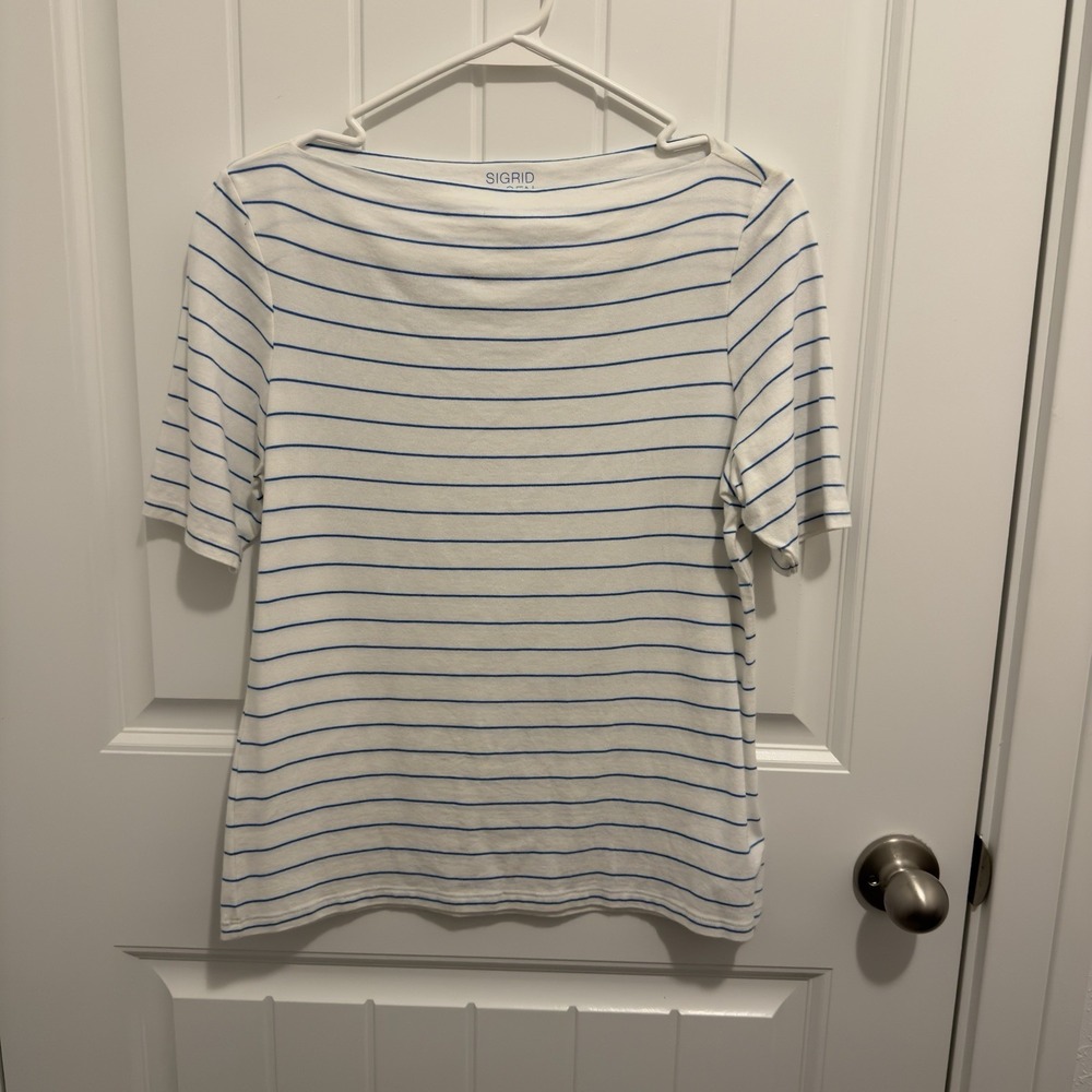 Sigrid Olsen Women's Top White Blue Stripes Boat Neck Short Sleeve‎ Size Large